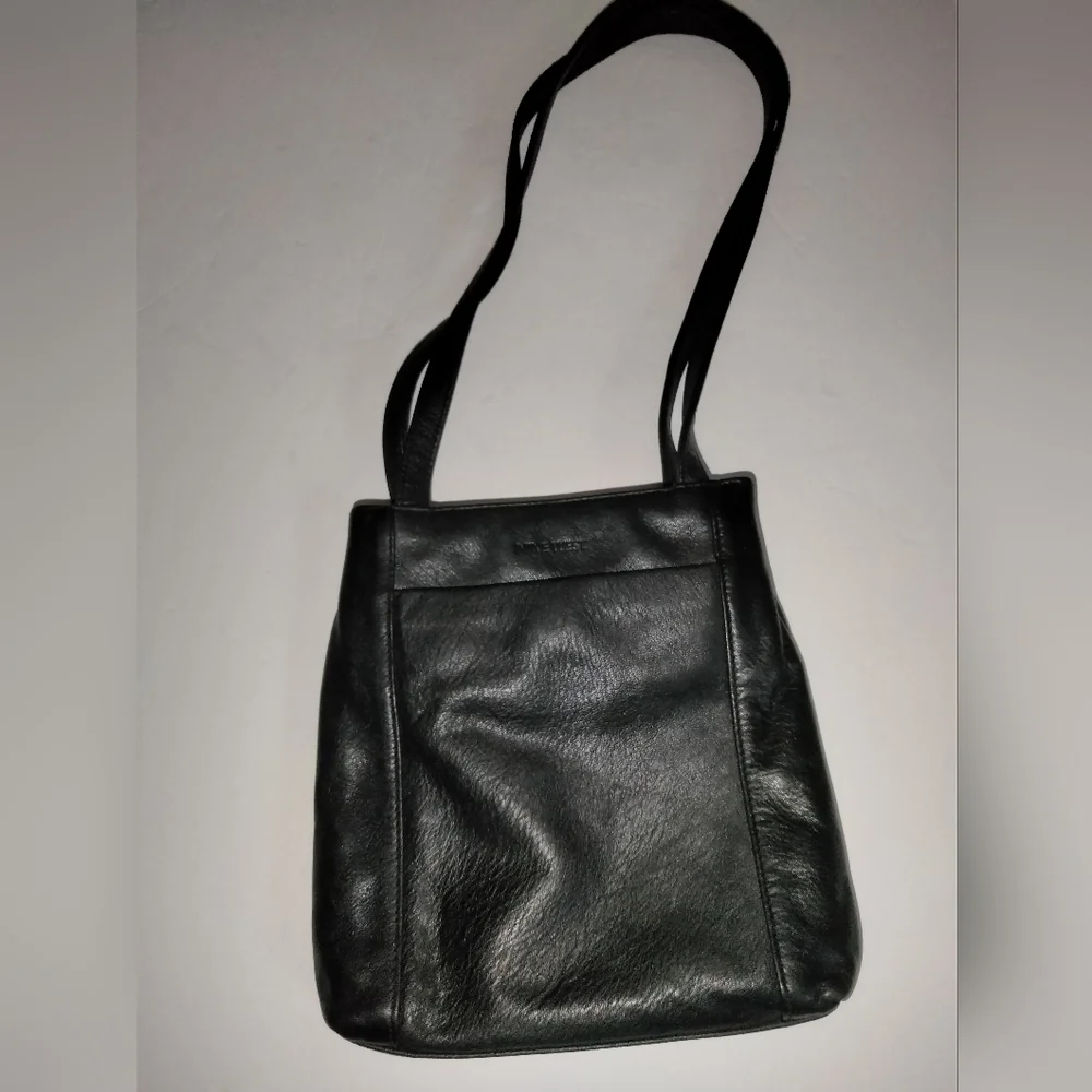 Nine West (Black) Genuine Leather Double Strap Minimalist Snap/Zip Shoulder Bag